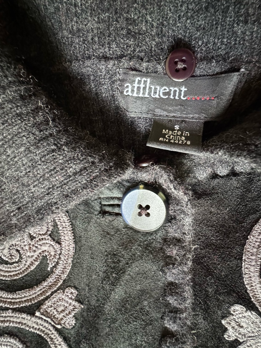 Affluent Sweater Size Small Leather and Wool Vintage Ornate Appliqués - Picture 3 of 5